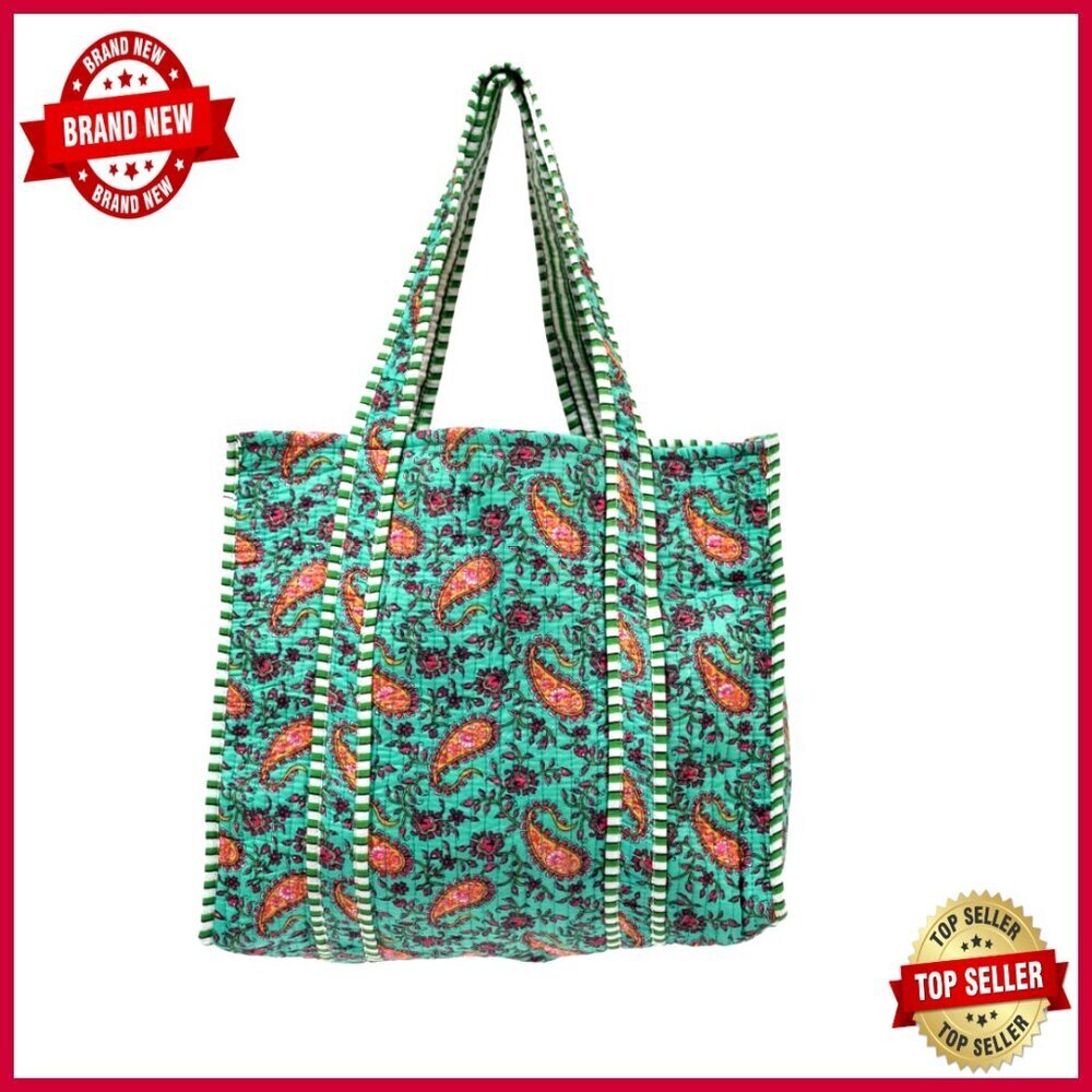 Large Quilted Cotton Tote Bag with Interior Pocket for Travel Shopping